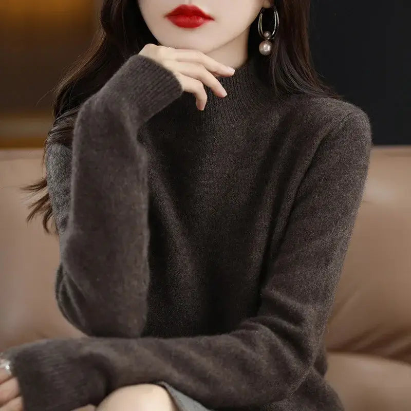 Autumn Winter Women Sweater Korean Fashion Warm Bottoming Shirts Half High Collar Basic Knitwear Solid Long Sleeve