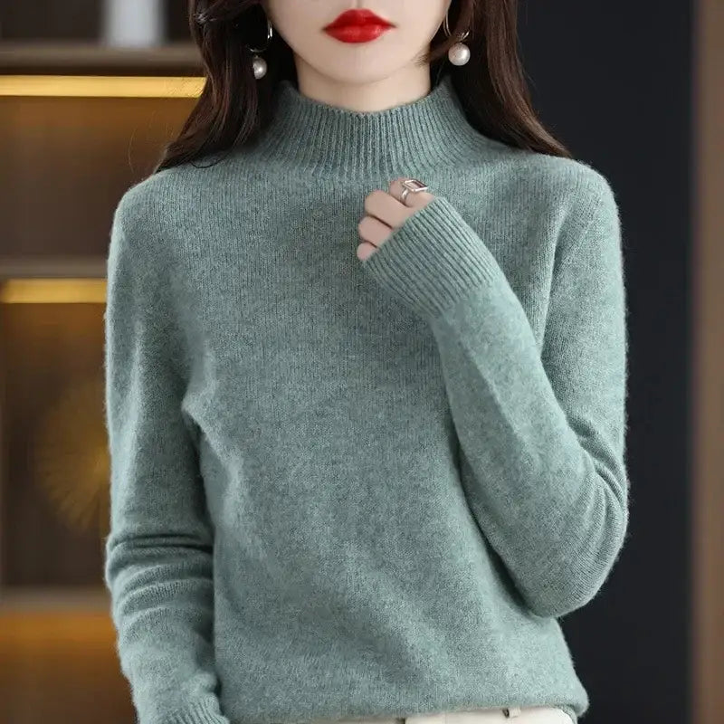 Autumn Winter Women Sweater Korean Fashion Warm Bottoming Shirts Half High Collar Basic Knitwear Solid Long Sleeve