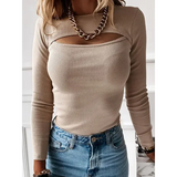 Autumn Women’s Hollow Out Long Sleeve T-Shirt – Slim Fit Solid Black & White Knitted Casual Tee
