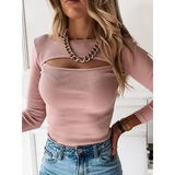 Autumn Women’s Hollow Out Long Sleeve T-Shirt – Slim Fit Solid Black & White Knitted Casual Tee