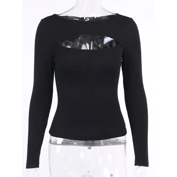 Autumn Women’s Hollow Out Long Sleeve T-Shirt – Slim Fit Solid Black & White Knitted Casual Tee