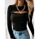 Autumn Women’s Hollow Out Long Sleeve T-Shirt – Slim Fit Solid Black & White Knitted Casual Tee
