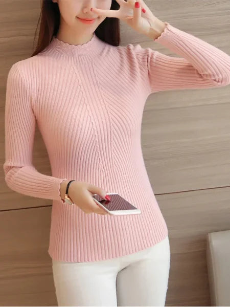 Autumn Women’s Mock Neck Ruffles Sweater - Long Sleeve Knitted Stripe Casual Winter Pullover - One Size / PINK