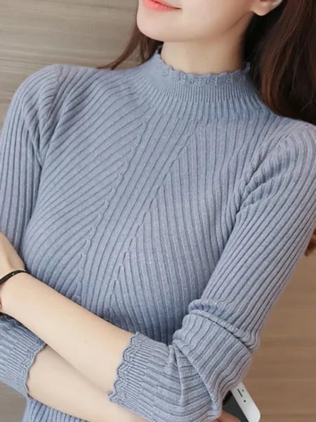 Autumn Women’s Mock Neck Ruffles Sweater - Long Sleeve Knitted Stripe Casual Winter Pullover - One Size / GREY