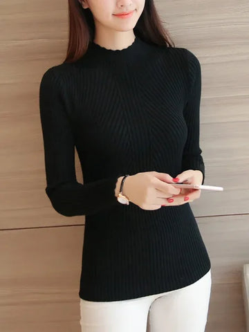 Autumn Women’s Mock Neck Ruffles Sweater - Long Sleeve Knitted Stripe Casual Winter Pullover - One Size / BLACK