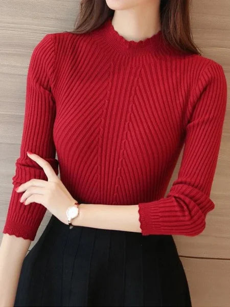 Autumn Women’s Mock Neck Ruffles Sweater - Long Sleeve Knitted Stripe Casual Winter Pullover