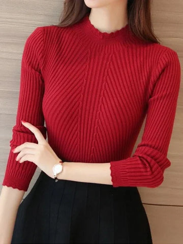 Autumn Women’s Mock Neck Ruffles Sweater - Long Sleeve Knitted Stripe Casual Winter Pullover