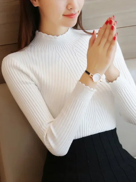 Autumn Women’s Mock Neck Ruffles Sweater - Long Sleeve Knitted Stripe Casual Winter Pullover - One Size / WHITE