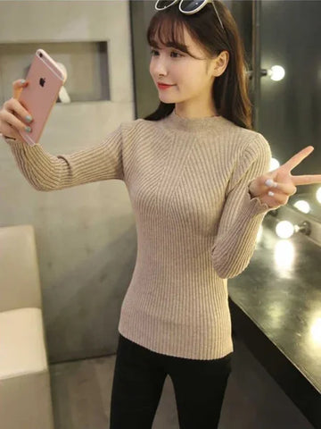 Autumn Women’s Mock Neck Ruffles Sweater - Long Sleeve Knitted Stripe Casual Winter Pullover