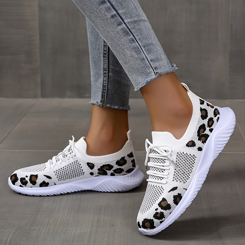White Shoes Women Leopard Print Lace-up Sneakers Sports - Yellow leopard print / Size35