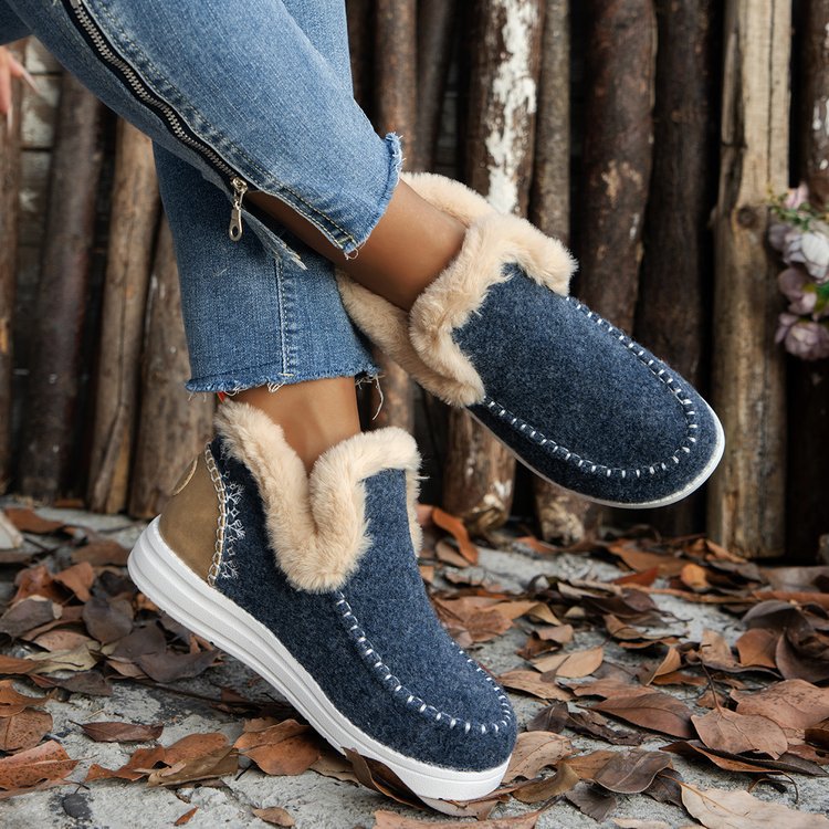 Fleece-lined Thick Plush Boots Warm Sewing Flat Cotton Shoes Winter Ankle Boot - Dark Blue / 36