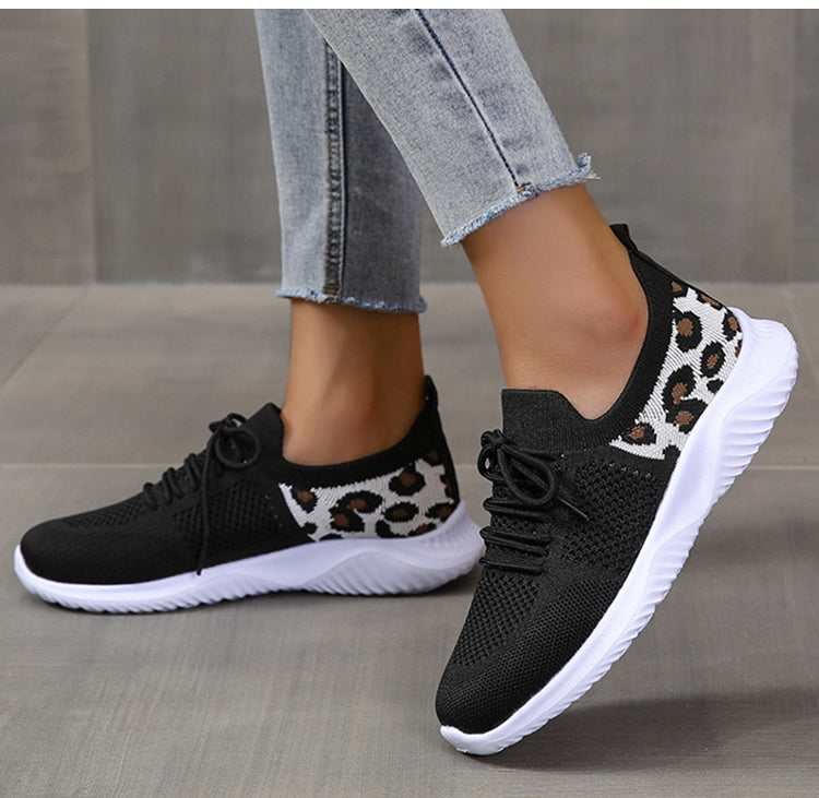 White Shoes Women Leopard Print Lace-up Sneakers Sports - Black / Size35