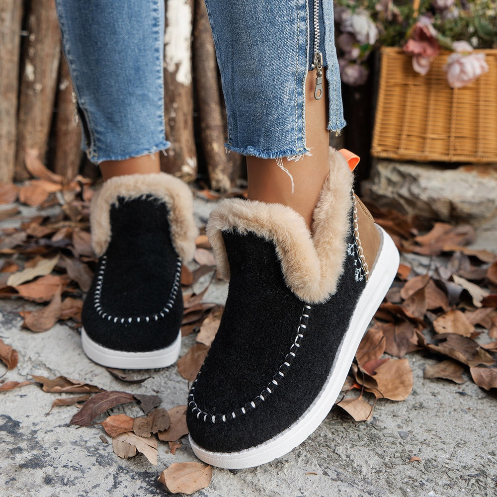 Fleece-lined Thick Plush Boots Warm Sewing Flat Cotton Shoes Winter Ankle Boot - Black / 36