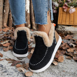 Fleece-lined Thick Plush Boots Warm Sewing Flat Cotton Shoes Winter Ankle Boot - Black / 36