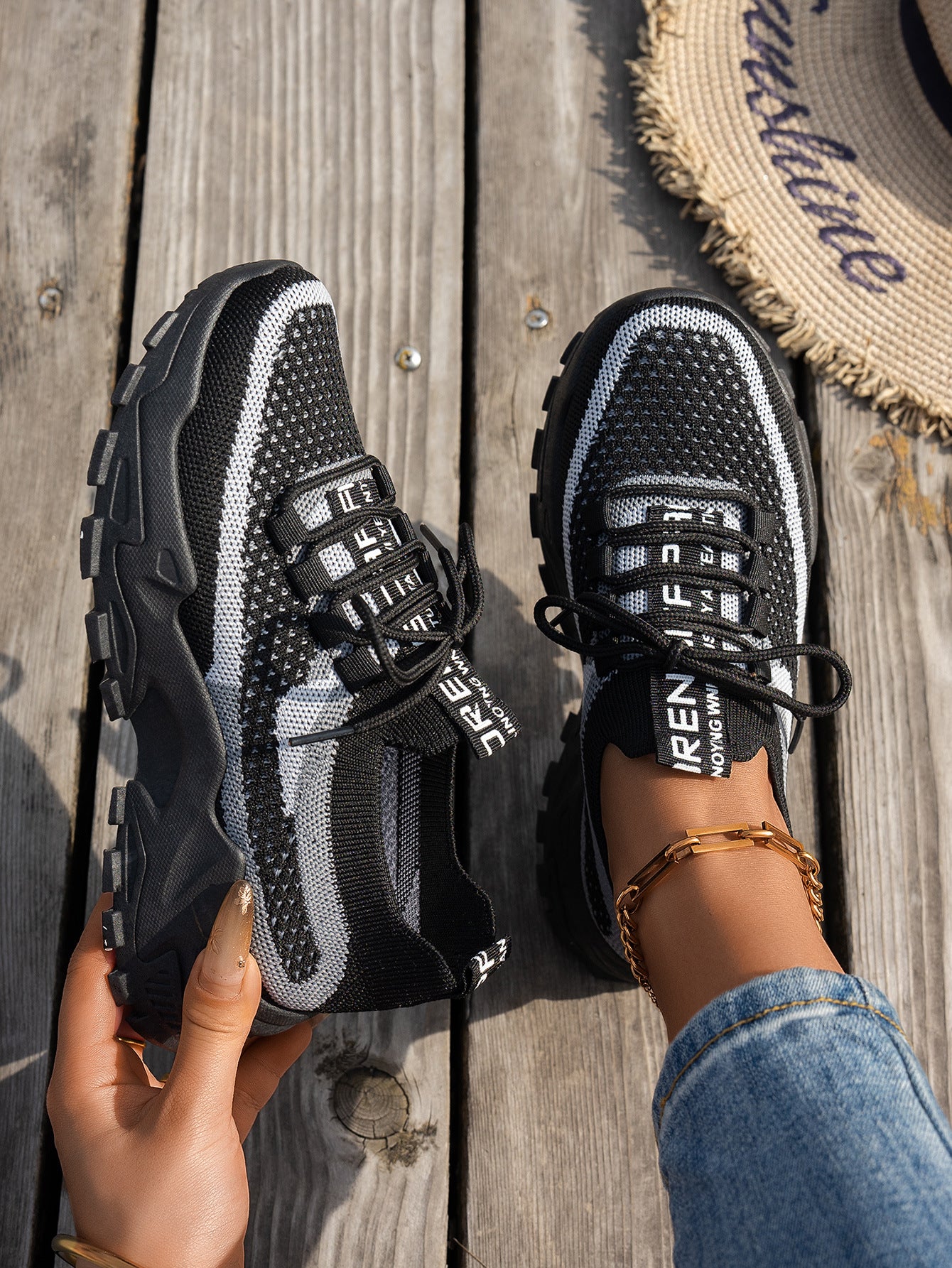 Women’s Breathable Flyknit Low Heel Shoes with Rubber Sole Material - Black And Gray / 36
