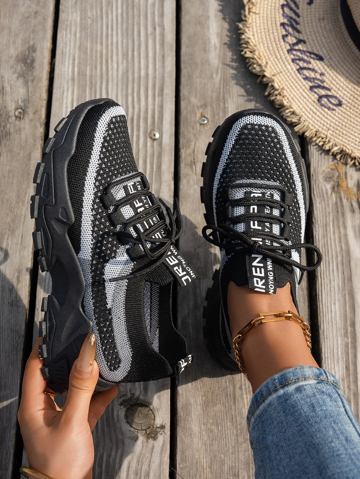 Women’s Breathable Flyknit Low Heel Shoes with Rubber Sole Material - Black And Gray / 36