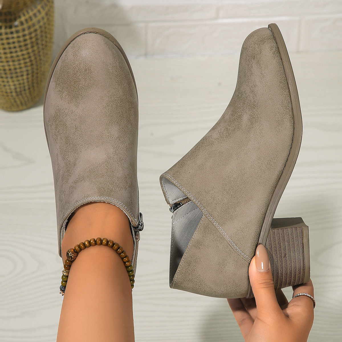 Chunky Heel Round Toe Ankle Boots in Soft Synthetic Material