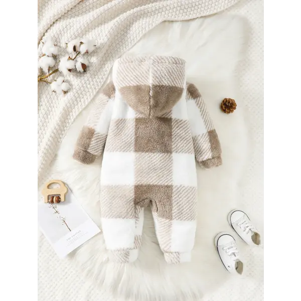 Baby Plaid Romper – Hooded Long Sleeve Plush Jumpsuit for Boys & Girls Winter Warm Bodysuit 3–24 Months