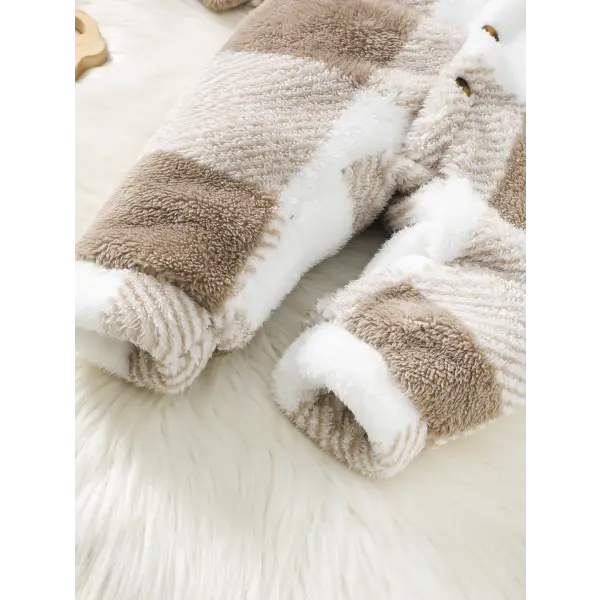 Baby Plaid Romper – Hooded Long Sleeve Plush Jumpsuit for Boys & Girls Winter Warm Bodysuit 3–24 Months