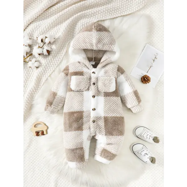 Baby Plaid Romper – Hooded Long Sleeve Plush Jumpsuit for Boys & Girls Winter Warm Bodysuit 3–24 Months