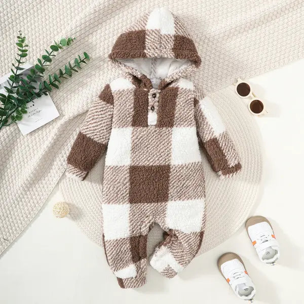 Baby Plaid Romper – Hooded Long Sleeve Plush Jumpsuit for Boys & Girls Winter Warm Bodysuit 3–24 Months - 462309171