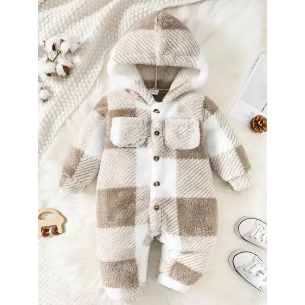Baby Plaid Romper – Hooded Long Sleeve Plush Jumpsuit for Boys & Girls Winter Warm Bodysuit 3–24 Months - 232306454