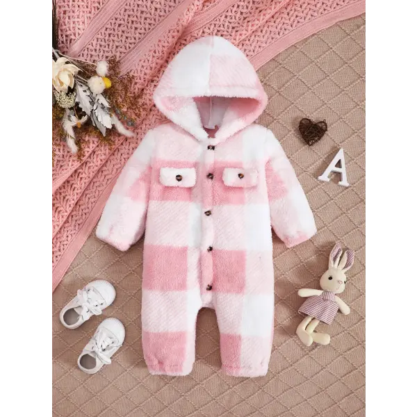Baby Plaid Romper – Hooded Long Sleeve Plush Jumpsuit for Boys & Girls Winter Warm Bodysuit 3–24 Months - XP-24102101
