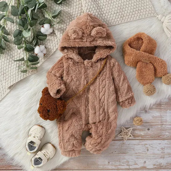 Baby Boys Winter Jumpsuit – Long Sleeve Plush Hoodie with Zipper Warm Newborn Clothes - ZT5980-1 / 6-9M