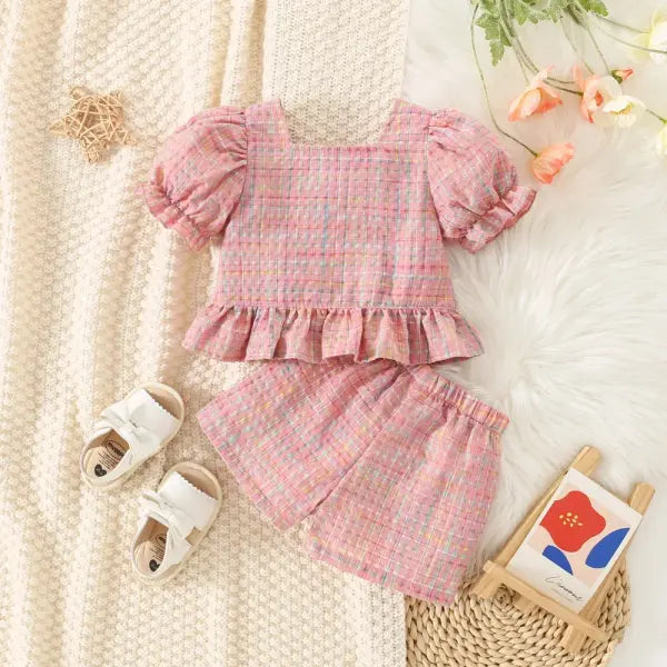 Baby Girl Cotton Plaid Set – Summer Bubble Sleeve Top & Shorts Outfit (0–3 Years) Cute Princess Style