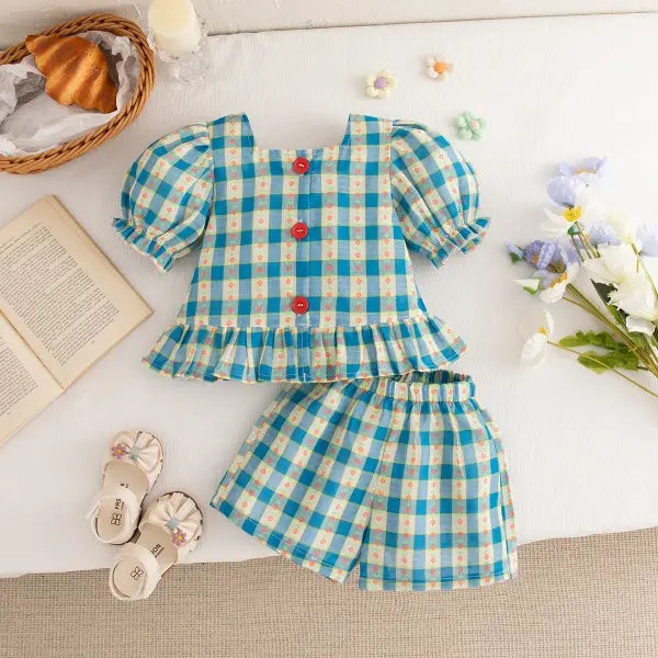 Baby Girl Cotton Plaid Set – Summer Bubble Sleeve Top & Shorts Outfit (0–3 Years) Cute Princess Style - NAVY / 2-3Y