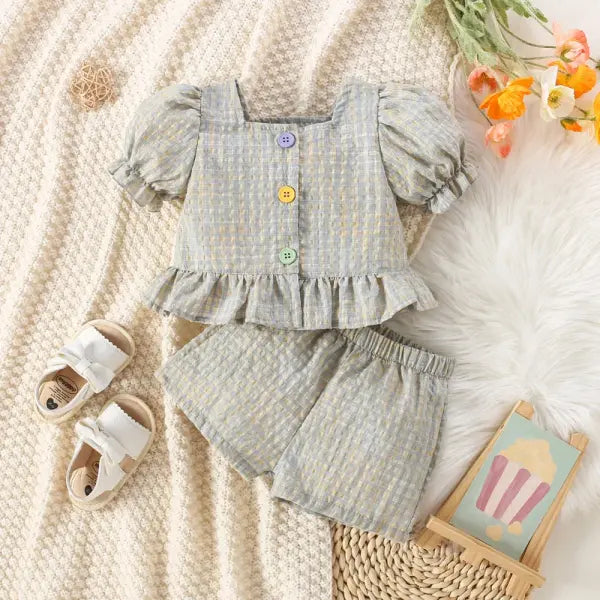 Baby Girl Cotton Plaid Set – Summer Bubble Sleeve Top & Shorts Outfit (0–3 Years) Cute Princess Style - forest green