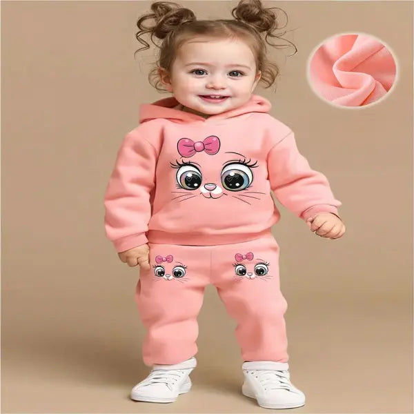 Baby Girl Cartoon Cat Fleece Hoodie & Pants Set – Long Sleeve Two-Piece Outfit for Spring & Autumn - TAX737A / 12-18M