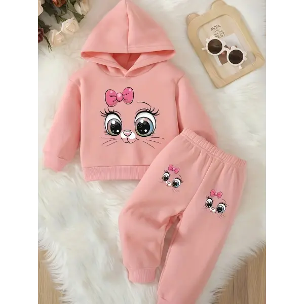 Baby Girl Cartoon Cat Fleece Hoodie & Pants Set – Long Sleeve Two-Piece Outfit for Spring & Autumn