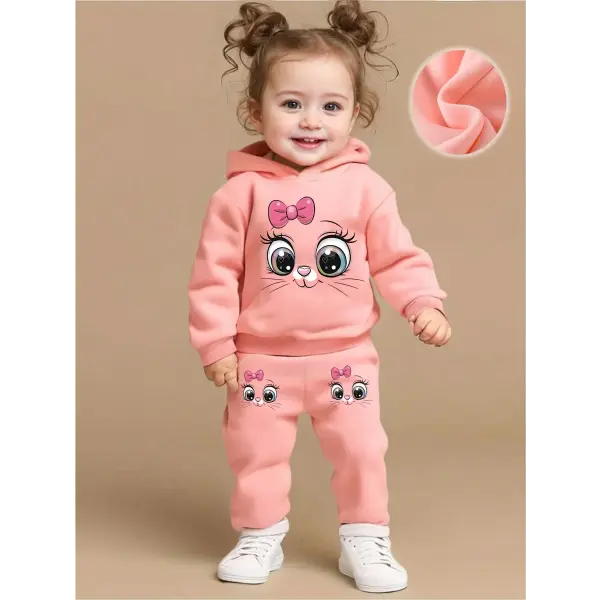 Baby Girl Cartoon Cat Fleece Hoodie & Pants Set – Long Sleeve Two-Piece Outfit for Spring & Autumn