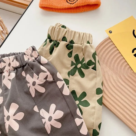 Baby Girl & Toddler Boy Retro Floral Cotton Pants – Autumn Wear