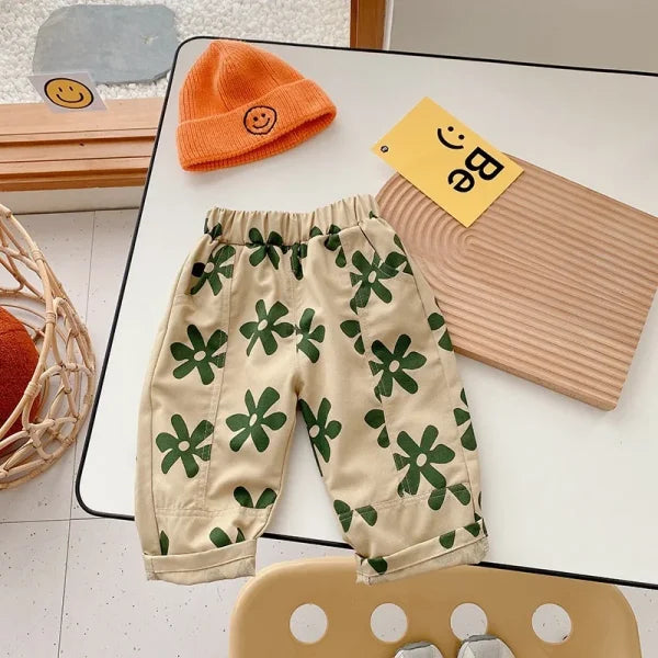 Baby Girl & Toddler Boy Retro Floral Cotton Pants – Autumn Wear - khaki / 5T 120cm