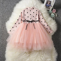 Baby girls long sleeve tutu lace dress in pink polka dots with tulle skirt