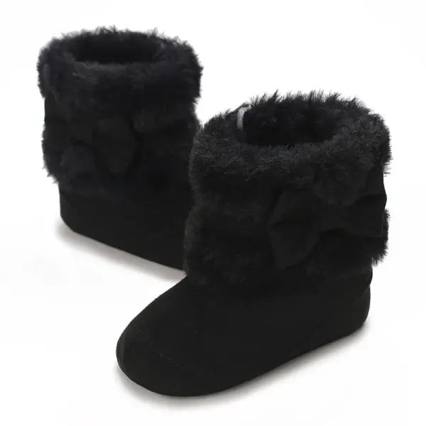 Baby Girls Winter Plush Snow Boots – Soft Sole Non-Slip Cotton Shoes with Cute Bow (0–18M)