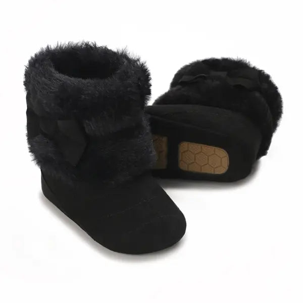 Baby Girls Winter Plush Snow Boots – Soft Sole Non-Slip Cotton Shoes with Cute Bow (0–18M)