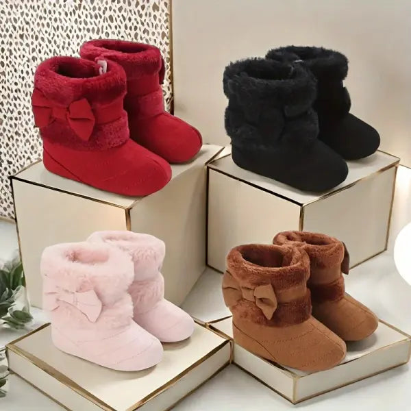 Baby Girls Winter Plush Snow Boots – Soft Sole Non-Slip Cotton Shoes with Cute Bow (0–18M)