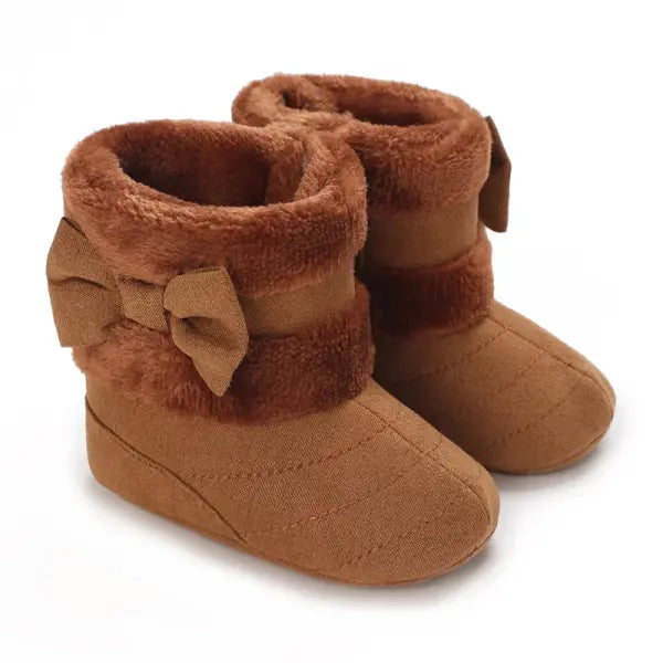 Baby Girls Winter Plush Snow Boots – Soft Sole Non-Slip Cotton Shoes with Cute Bow (0–18M) - Brown / 13-18 Months