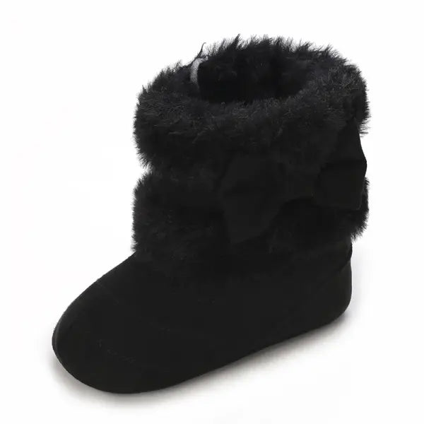 Baby Girls Winter Plush Snow Boots – Soft Sole Non-Slip Cotton Shoes with Cute Bow (0–18M)