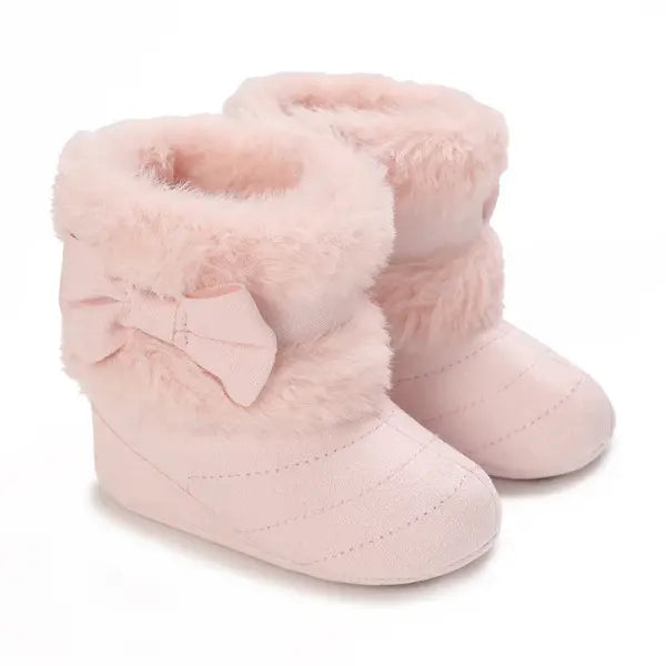 Baby Girls Winter Plush Snow Boots – Soft Sole Non-Slip Cotton Shoes with Cute Bow (0–18M) - Pink / 7-12 Months