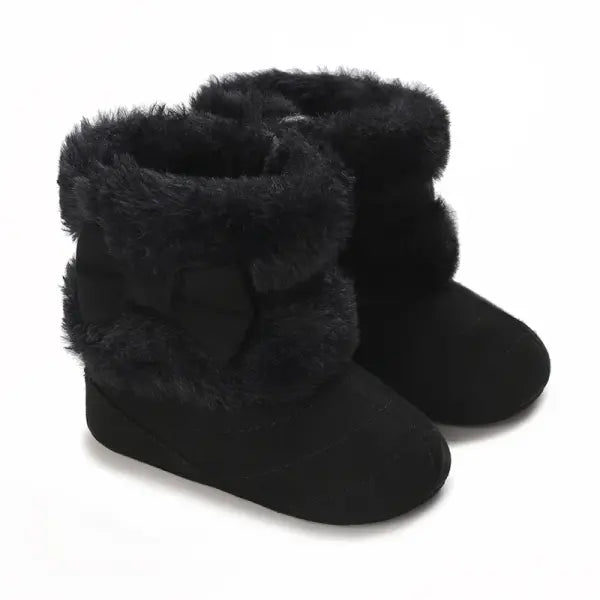 Baby Girls Winter Plush Snow Boots – Soft Sole Non-Slip Cotton Shoes with Cute Bow (0–18M) - Black / 7-12 Months