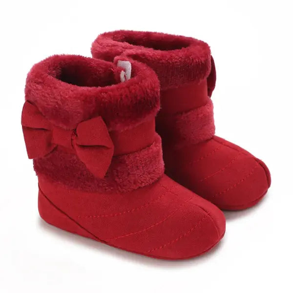 Baby Girls Winter Plush Snow Boots – Soft Sole Non-Slip Cotton Shoes with Cute Bow (0–18M) - Red / 13-18 Months