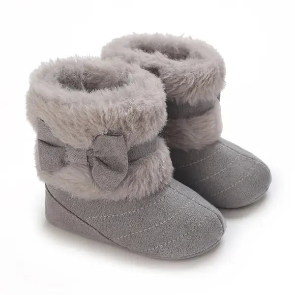 Baby Girls Winter Plush Snow Boots – Soft Sole Non-Slip Cotton Shoes with Cute Bow (0–18M) - Grey / 7-12 Months