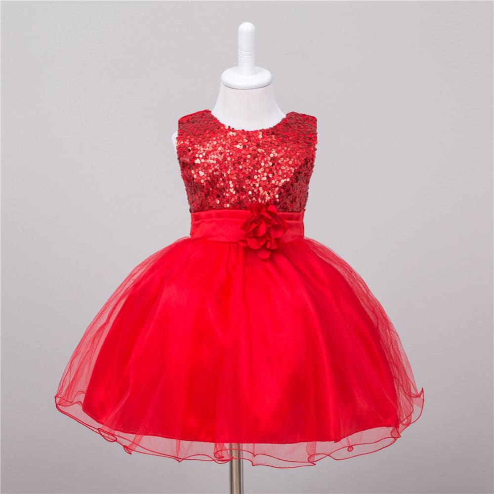 Baby Sequin Dress Flower Girl Wedding Princess Dress - Red / L