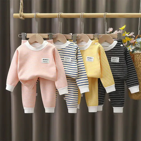Baby Warm Clothing Set Fleece Lined Children Boys Girls Striped Underwear Sleepwear Set Ideal for Home Pajamas Autumn