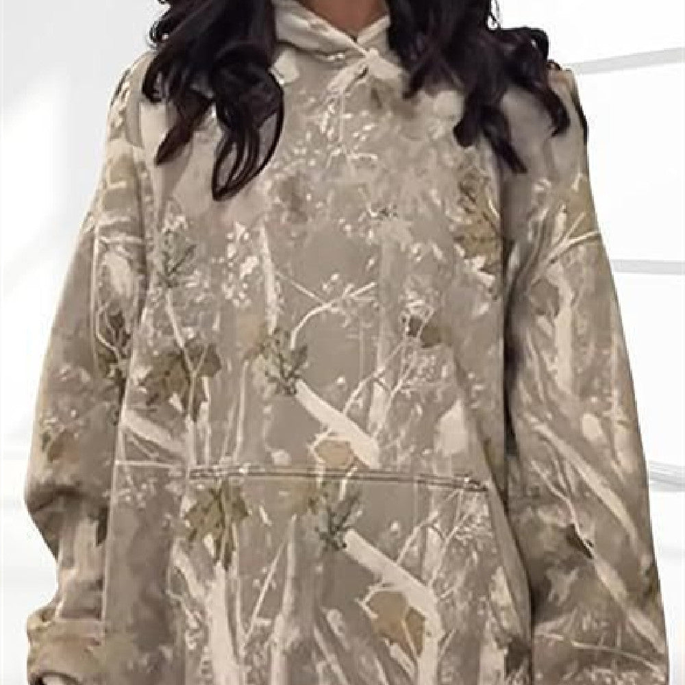 Loose Type Floral Print Lantern Sleeve Unisex Hoodie - Khaki / L