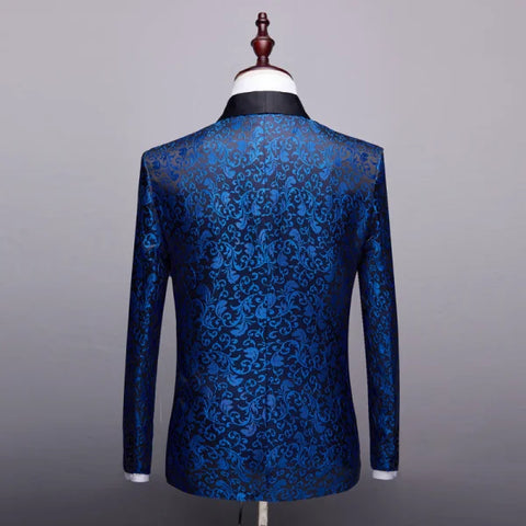 Blue and black floral patterned suit jacket on mannequin for stylish men’s dress suit set